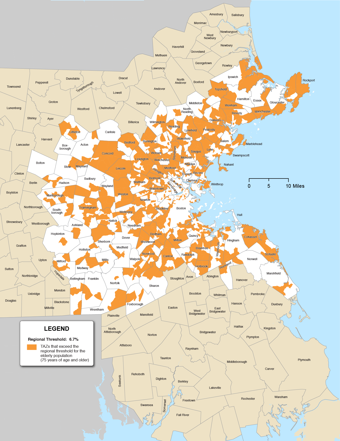 Figure 8-5 is a map of the Boston Region municipalities and the TAZs that exceed the regional threshold for people 75 years of age and older highlighted in orange. The Regional Threshold is 6.7%